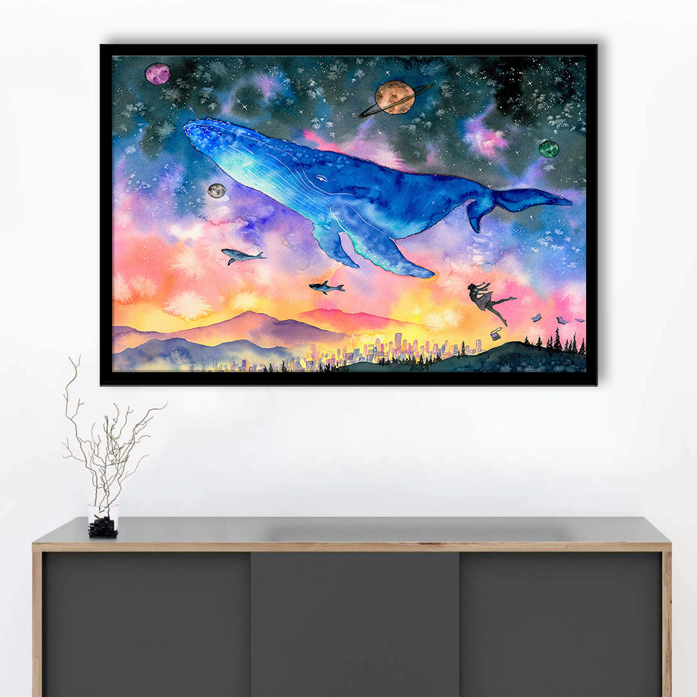 Girl Flying With Whales Abstract Art, Huge Blue Whale Art Prints, Large Fantasy Art, Framed Art Print, Picture Framed