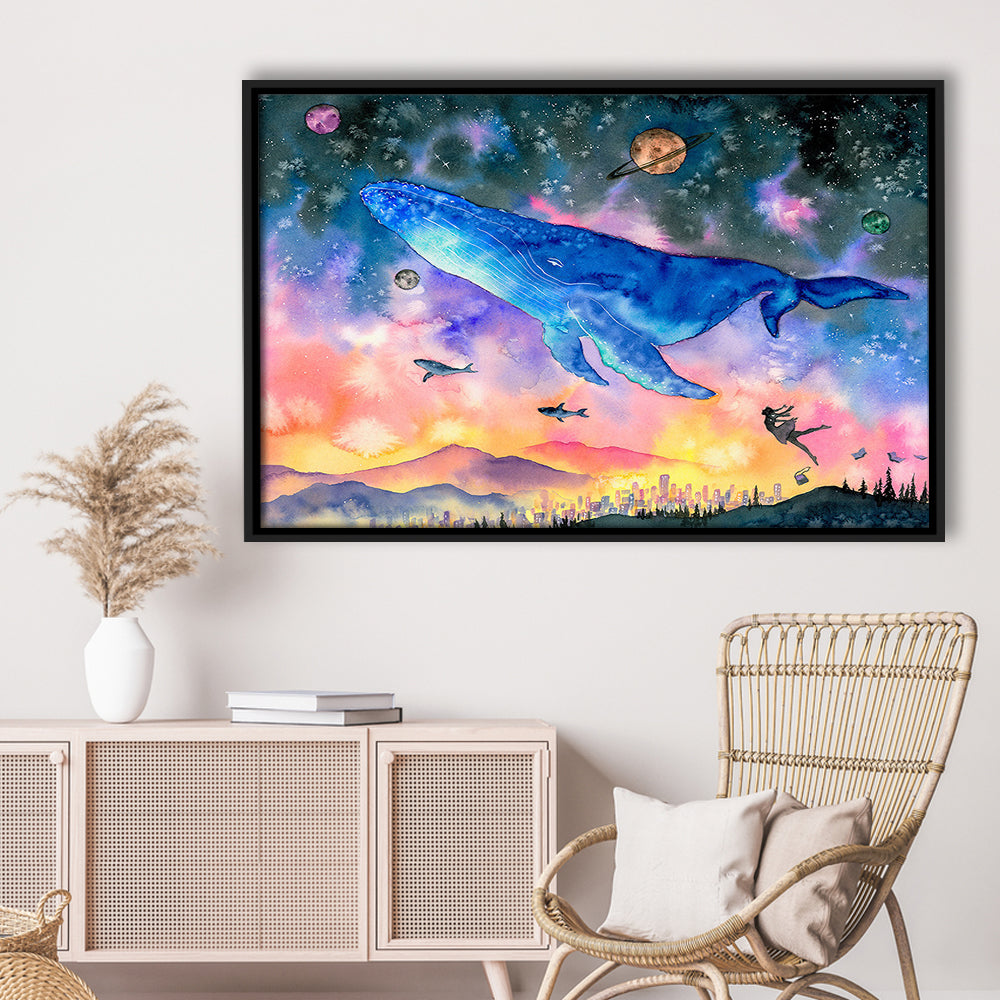 Girl Flying With Whales Abstract Art, Huge Blue Whale Canvas Print, Framed Cavas Print, Floating Frame