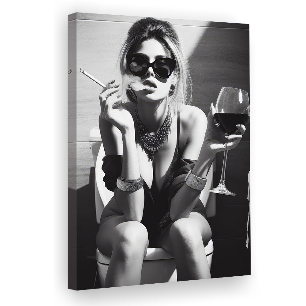 Girl On Toilet Canvas Print Wall Art, Woman On Toilet Smoking and Drinking Wine, Black and White, Funny Bathroom Art