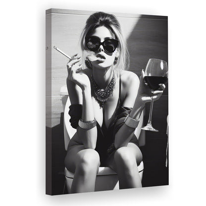 Girl On Toilet Canvas Print Wall Art, Woman On Toilet Smoking and Drinking Wine, Black and White, Funny Bathroom Art