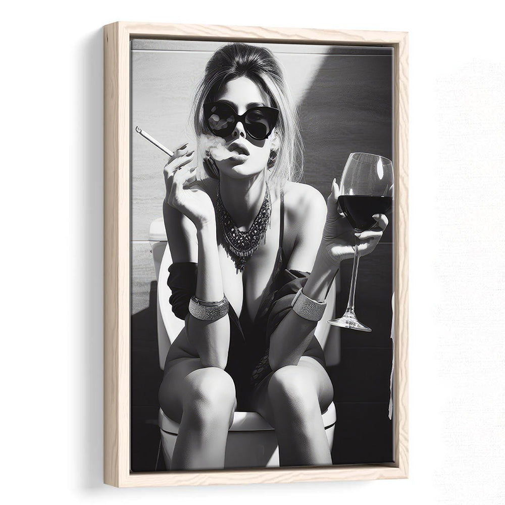 Girl On Toilet Framed Canvas Print Wall Art, Woman On Toilet Smoking and Drinking Wine, Black and White, Bathroom Art