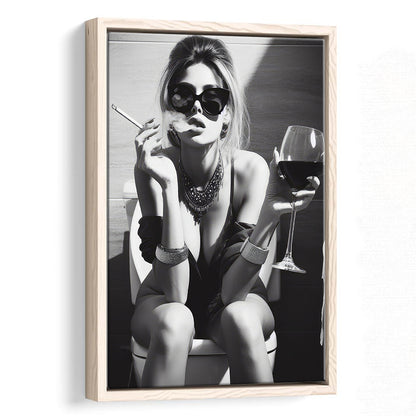Girl On Toilet Framed Canvas Print Wall Art, Woman On Toilet Smoking and Drinking Wine, Black and White, Bathroom Art