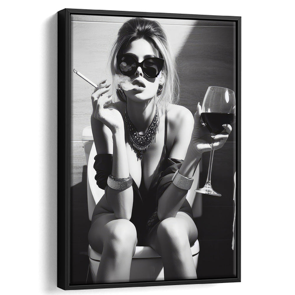 Girl On Toilet Framed Canvas Print Wall Art, Woman On Toilet Smoking and Drinking Wine, Black and White, Bathroom Art