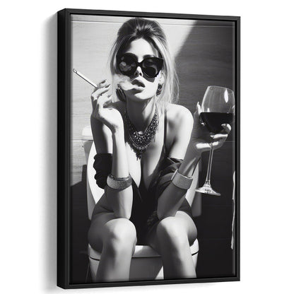 Girl On Toilet Framed Canvas Print Wall Art, Woman On Toilet Smoking and Drinking Wine, Black and White, Bathroom Art