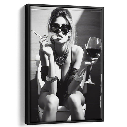 Girl On Toilet Framed Canvas Print Wall Art, Woman On Toilet Smoking and Drinking Wine, Black and White, Bathroom Art