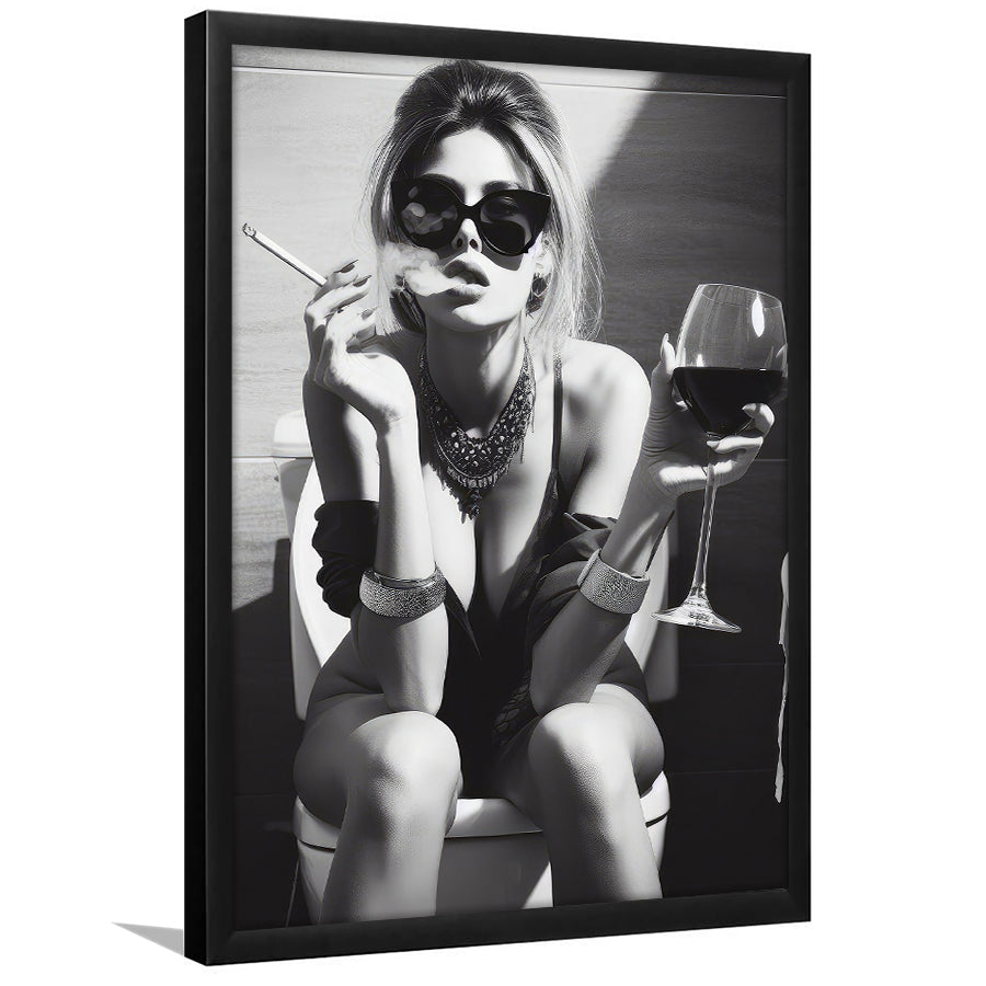 Girl On Toilet Framed Art Print Wall Decor, Woman On Toilet Smoking and Drinking Wine, Black and White, Bathroom Art