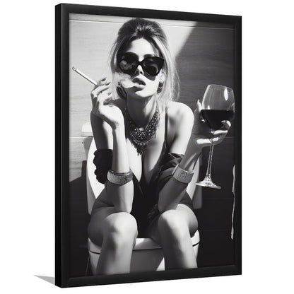 Girl On Toilet Framed Art Print Wall Decor, Woman On Toilet Smoking and Drinking Wine, Black and White, Bathroom Art
