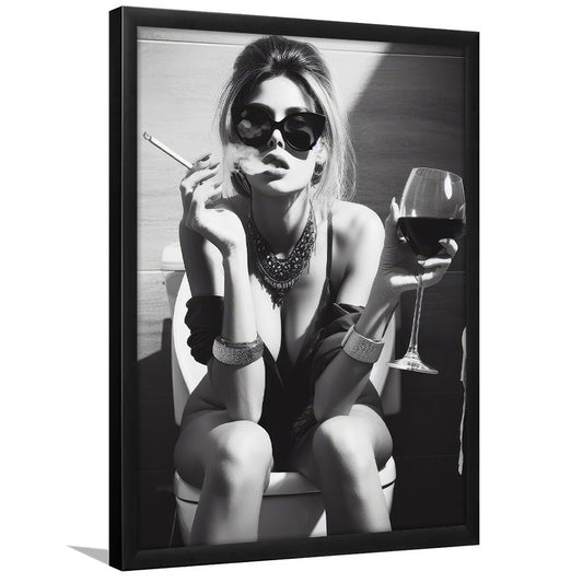 Girl On Toilet Framed Art Print Wall Decor, Woman On Toilet Smoking and Drinking Wine, Black and White, Bathroom Art
