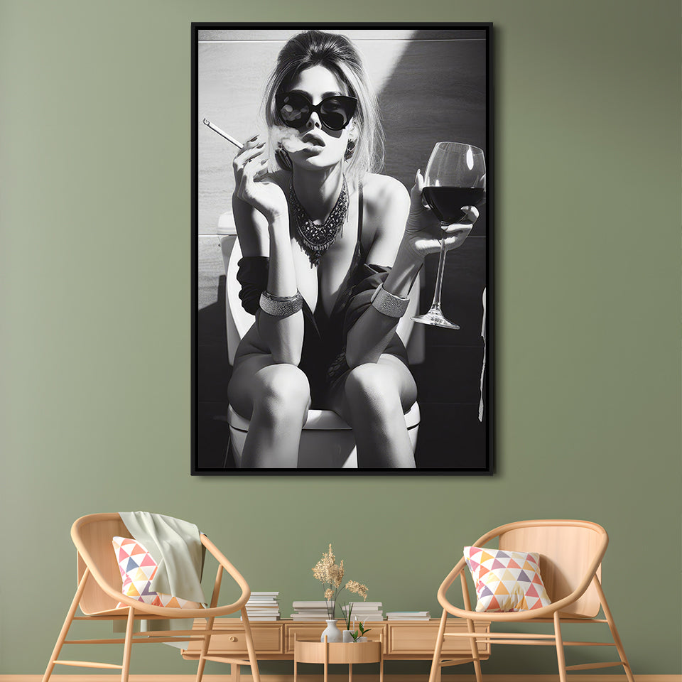 Girl On Toilet Framed Canvas Print Wall Art, Woman On Toilet Smoking and Drinking Wine, Black and White, Bathroom Art