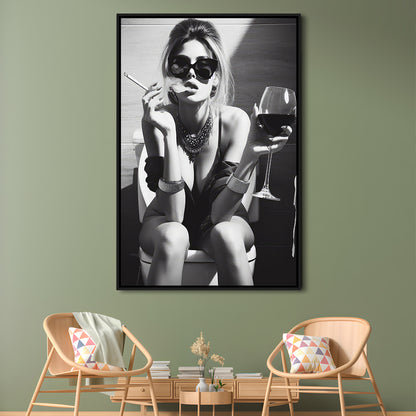 Girl On Toilet Framed Canvas Print Wall Art, Woman On Toilet Smoking and Drinking Wine, Black and White, Bathroom Art