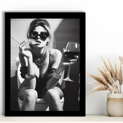 Girl On Toilet Framed Art Print Wall Decor, Woman On Toilet Smoking and Drinking Wine, Black and White, Bathroom Art