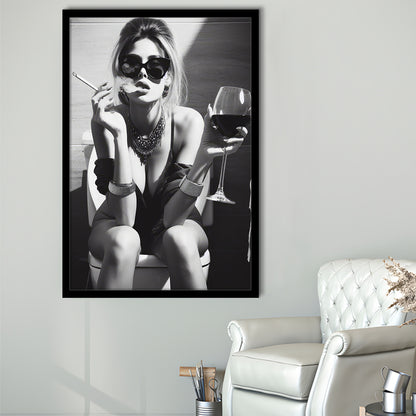 Girl On Toilet Framed Art Print Wall Decor, Woman On Toilet Smoking and Drinking Wine, Black and White, Bathroom Art