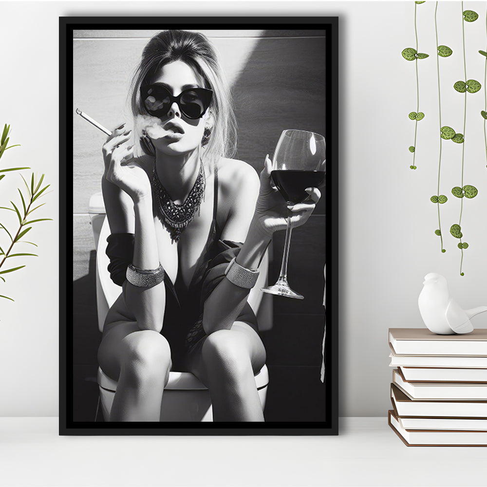 Girl On Toilet Framed Canvas Print Wall Art, Woman On Toilet Smoking and Drinking Wine, Black and White, Bathroom Art