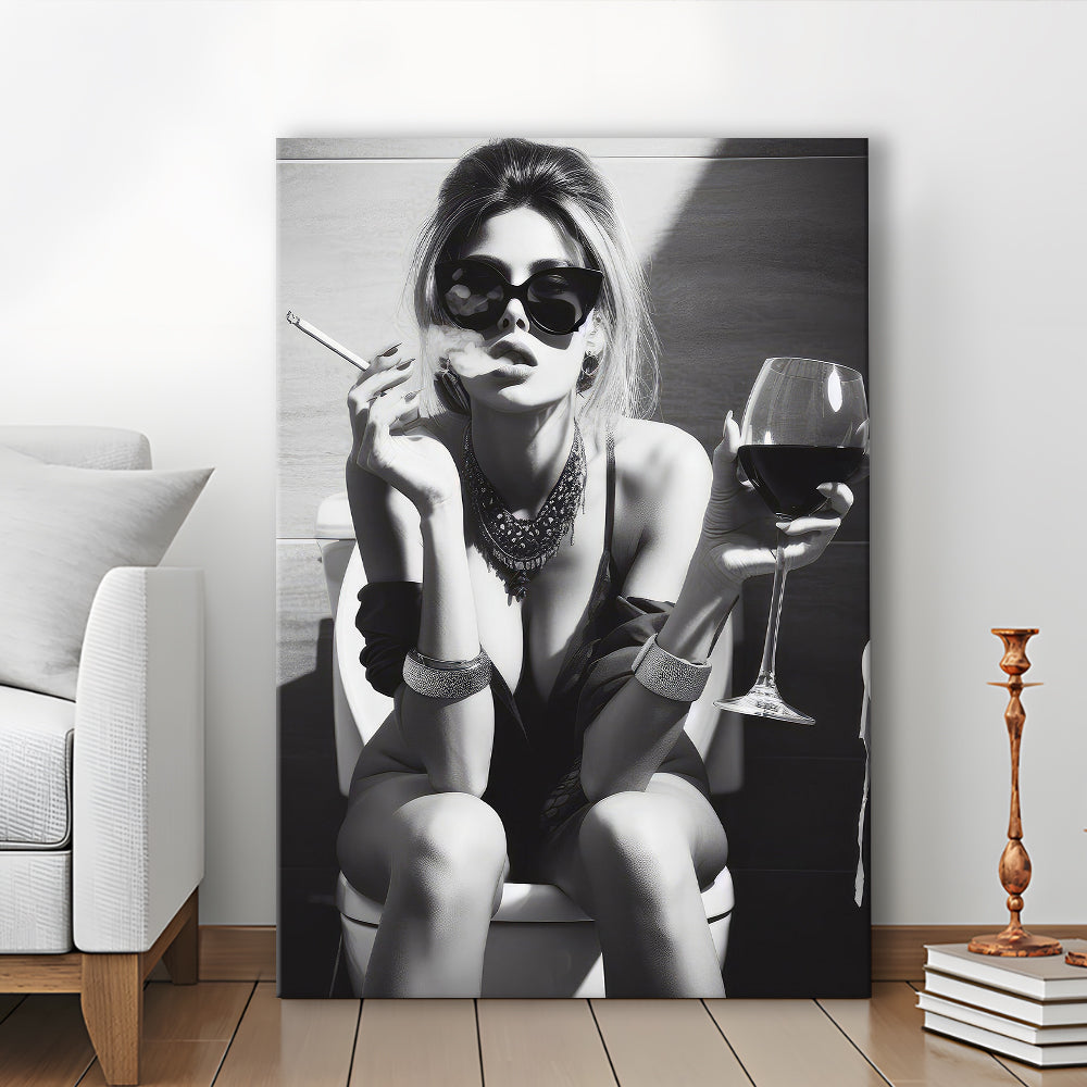 Girl On Toilet Canvas Print Wall Art, Woman On Toilet Smoking and Drinking Wine, Black and White, Funny Bathroom Art