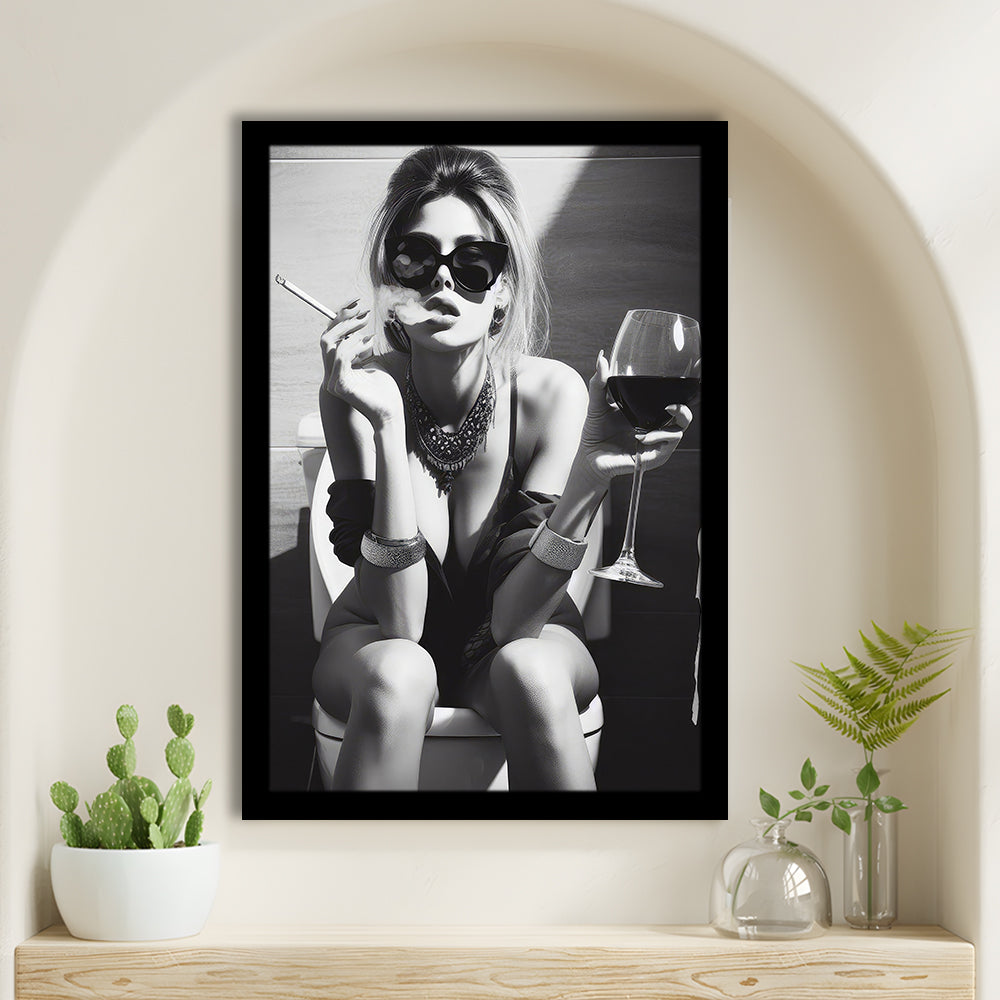 Girl On Toilet Framed Art Print Wall Decor, Woman On Toilet Smoking and Drinking Wine, Black and White, Bathroom Art