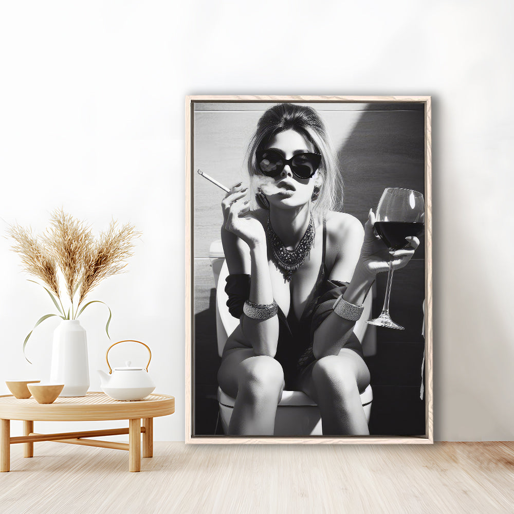 Girl On Toilet Framed Canvas Print Wall Art, Woman On Toilet Smoking and Drinking Wine, Black and White, Bathroom Art