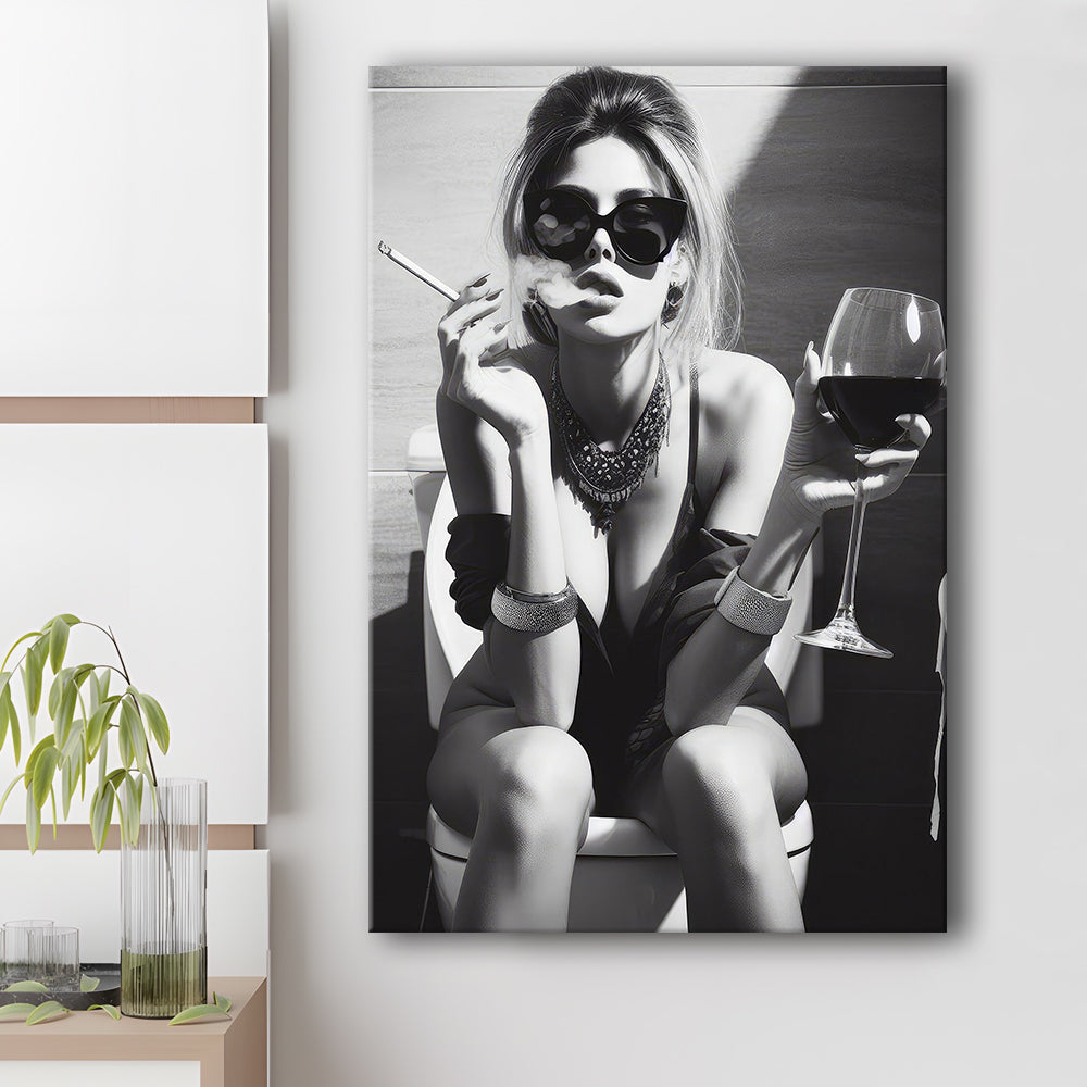 Girl On Toilet Canvas Print Wall Art, Woman On Toilet Smoking and Drinking Wine, Black and White, Funny Bathroom Art