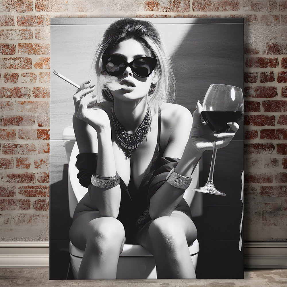 Girl On Toilet Canvas Print Wall Art, Woman On Toilet Smoking and Drinking Wine, Black and White, Funny Bathroom Art