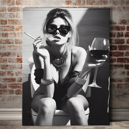 Girl On Toilet Canvas Print Wall Art, Woman On Toilet Smoking and Drinking Wine, Black and White, Funny Bathroom Art