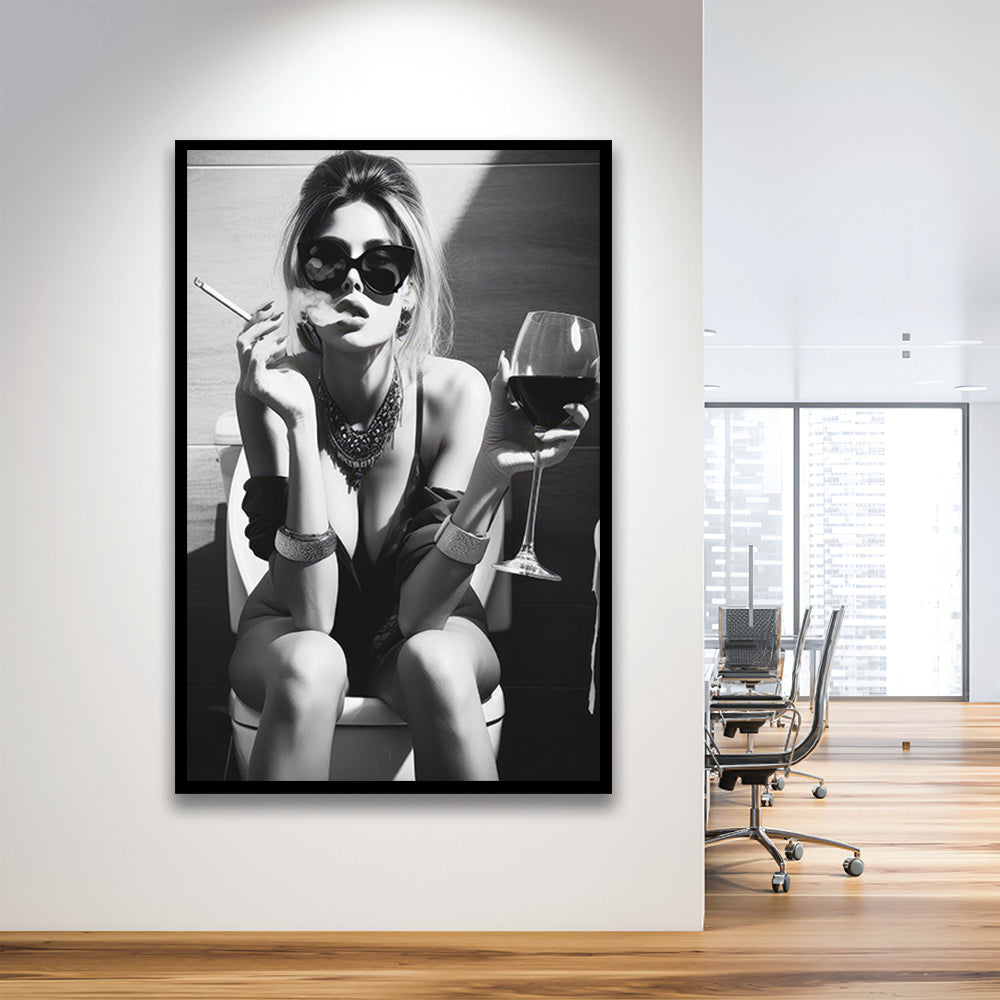 Girl On Toilet Framed Art Print Wall Decor, Woman On Toilet Smoking and Drinking Wine, Black and White, Bathroom Art