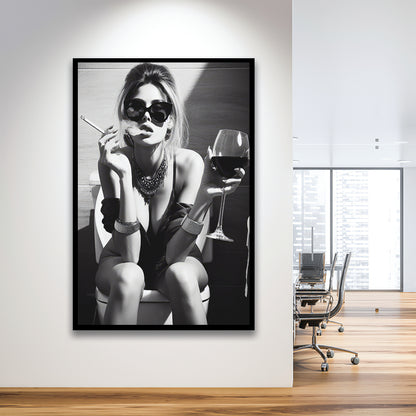 Girl On Toilet Framed Art Print Wall Decor, Woman On Toilet Smoking and Drinking Wine, Black and White, Bathroom Art