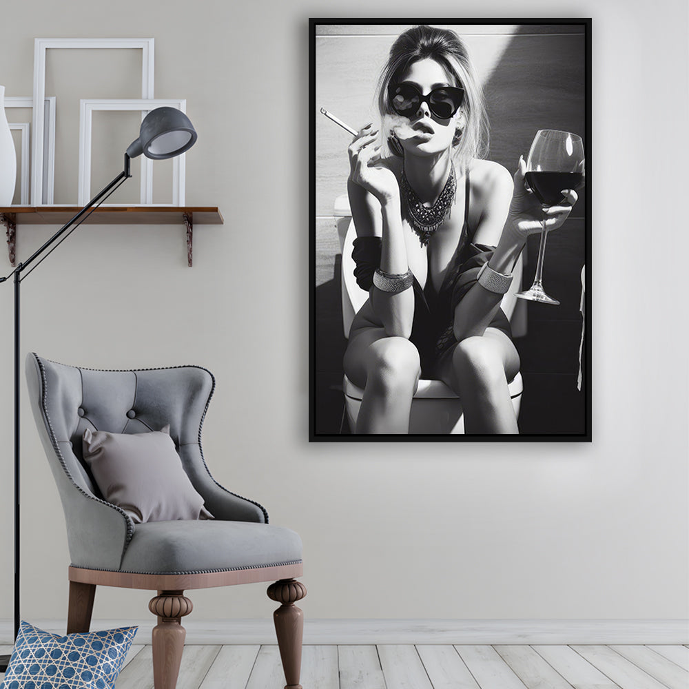 Girl On Toilet Framed Canvas Print Wall Art, Woman On Toilet Smoking and Drinking Wine, Black and White, Bathroom Art