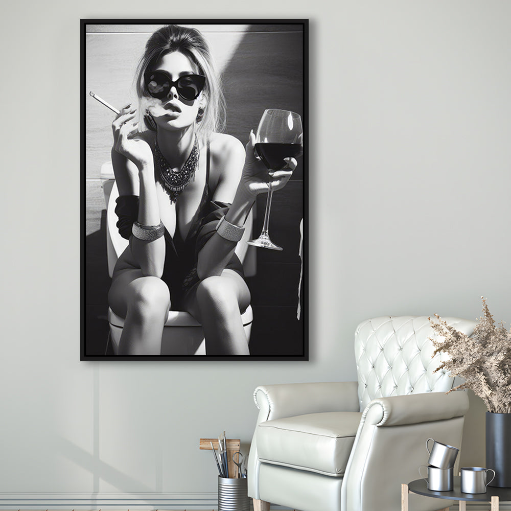 Girl On Toilet Framed Canvas Print Wall Art, Woman On Toilet Smoking and Drinking Wine, Black and White, Bathroom Art