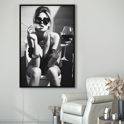 Girl On Toilet Framed Canvas Print Wall Art, Woman On Toilet Smoking and Drinking Wine, Black and White, Bathroom Art
