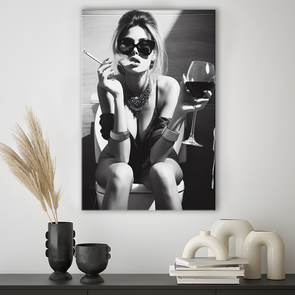 Girl On Toilet Canvas Print Wall Art, Woman On Toilet Smoking and Drinking Wine, Black and White, Funny Bathroom Art