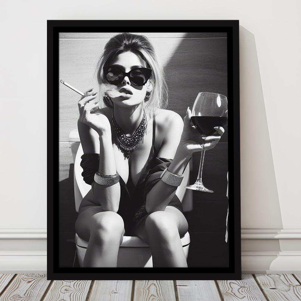 Girl On Toilet Framed Canvas Print Wall Art, Woman On Toilet Smoking and Drinking Wine, Black and White, Bathroom Art