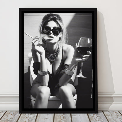 Girl On Toilet Framed Canvas Print Wall Art, Woman On Toilet Smoking and Drinking Wine, Black and White, Bathroom Art