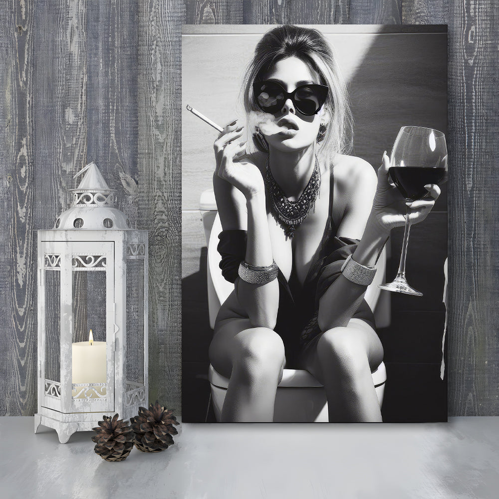 Girl On Toilet Canvas Print Wall Art, Woman On Toilet Smoking and Drinking Wine, Black and White, Funny Bathroom Art