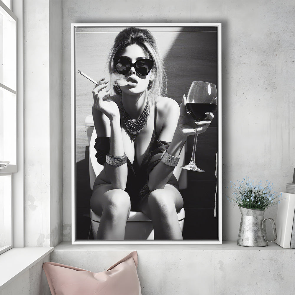 Girl On Toilet Framed Canvas Print Wall Art, Woman On Toilet Smoking and Drinking Wine, Black and White, Bathroom Art
