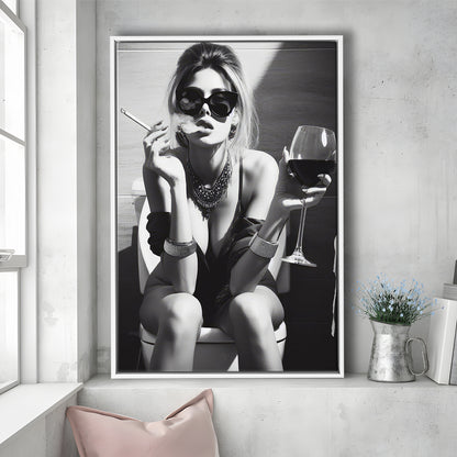 Girl On Toilet Framed Canvas Print Wall Art, Woman On Toilet Smoking and Drinking Wine, Black and White, Bathroom Art