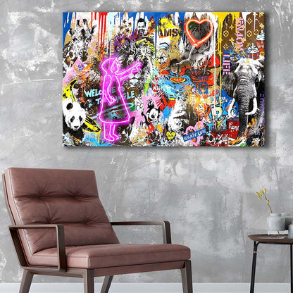 Girl With Balloon Graffiti Art Print, Canvas Print Wall Art, Wall Decor, Neon Effect Art