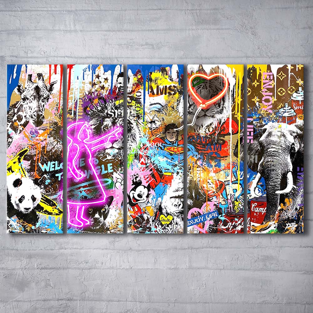 Girl With Balloon Graffiti Art Print, Extra Large 5 Panels Multi Canvas Print Wall Art, Home Decor