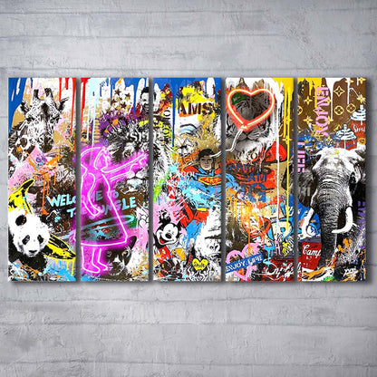 Girl With Balloon Graffiti Art Print, Extra Large 5 Panels Multi Canvas Print Wall Art, Home Decor