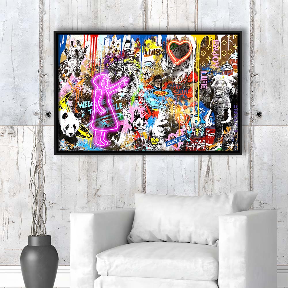 Girl With Balloon Graffiti Art Print, Framed Canvas Print Wall Art Decor, Floating Frame, Neon Effect Art