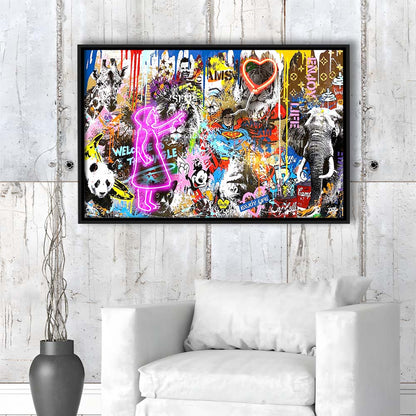 Girl With Balloon Graffiti Art Print, Framed Canvas Print Wall Art Decor, Floating Frame, Neon Effect Art