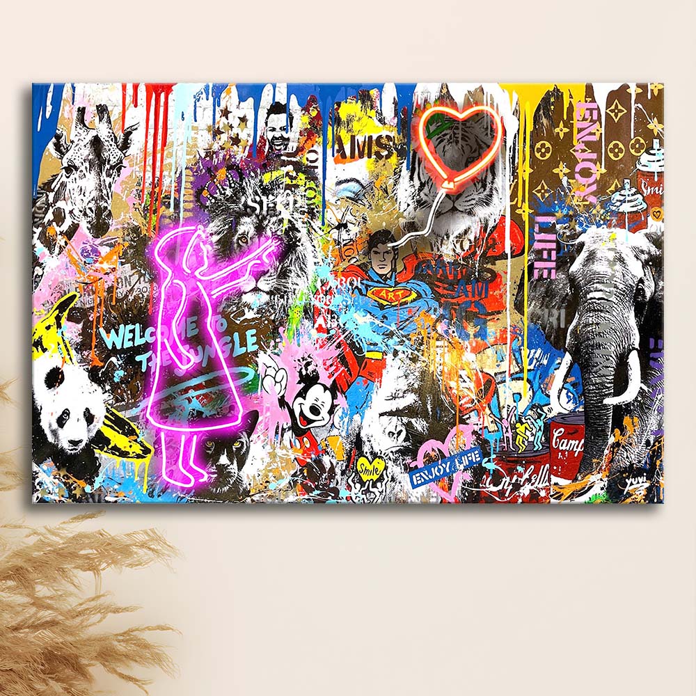 Girl With Balloon Graffiti Art Print, Canvas Print Wall Art, Wall Decor, Neon Effect Art