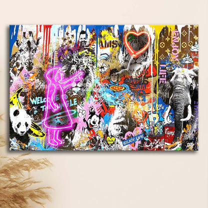 Girl With Balloon Graffiti Art Print, Canvas Print Wall Art, Wall Decor, Neon Effect Art