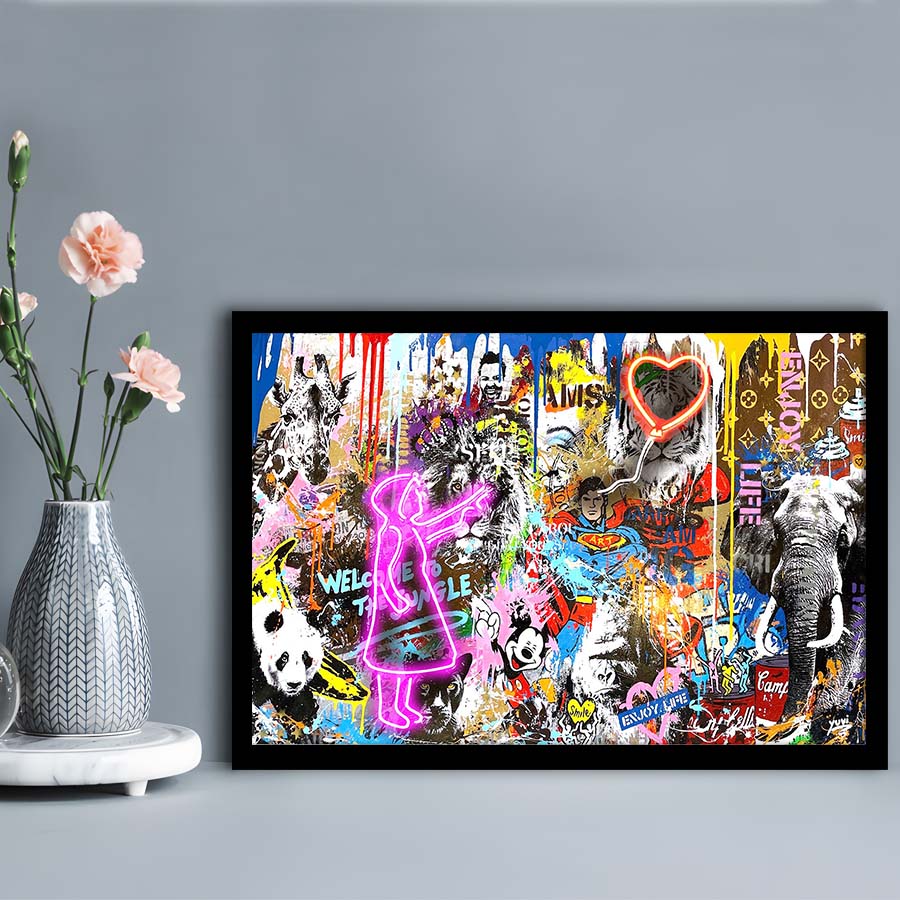 Girl With Balloon Graffiti Art Print, Framed Art Print Wall Decor, Neon Art Print, Picture Framed