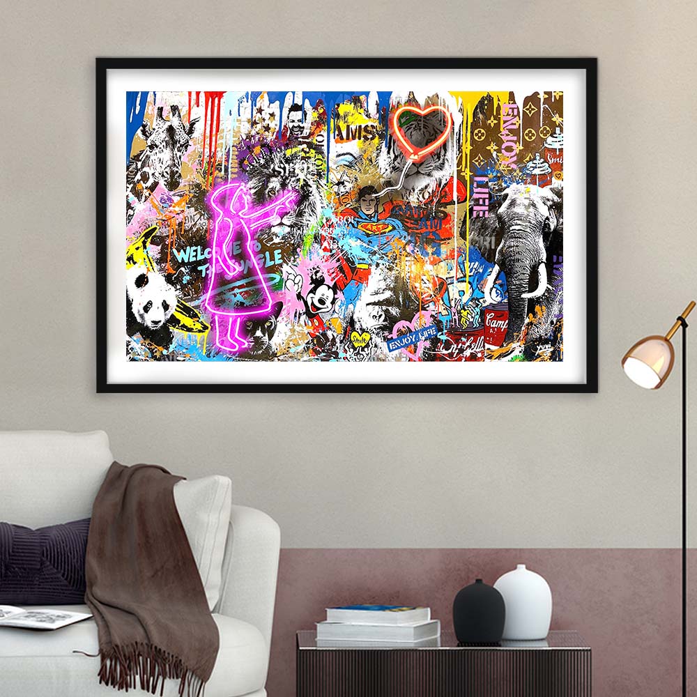 Girl With Balloon Graffiti Art Print, Framed Art Print Wall Decor, White Border, Framed Picture