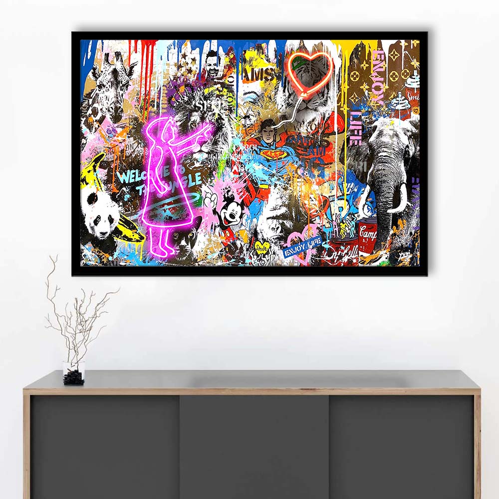 Girl With Balloon Graffiti Art Print, Framed Art Print Wall Decor, Neon Art Print, Picture Framed