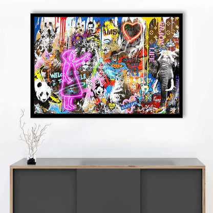 Girl With Balloon Graffiti Art Print, Framed Art Print Wall Decor, Neon Art Print, Picture Framed