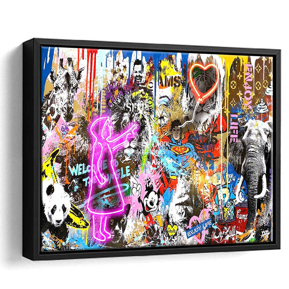 Girl With Balloon Graffiti Art Print, Framed Canvas Print Wall Art Decor, Floating Frame, Neon Effect Art
