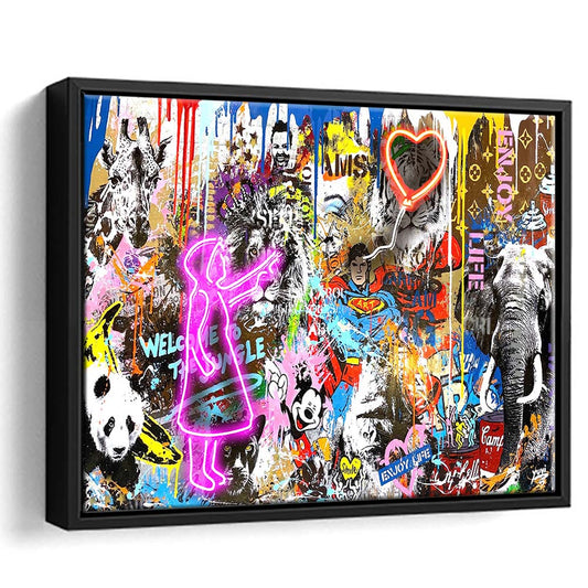 Girl With Balloon Graffiti Art Print, Framed Canvas Print Wall Art Decor, Floating Frame, Neon Effect Art