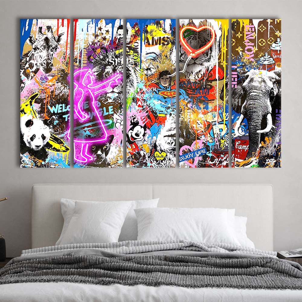 Girl With Balloon Graffiti Art Print, Extra Large 5 Panels Multi Canvas Print Wall Art, Home Decor