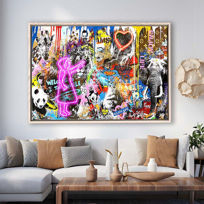 Girl With Balloon Graffiti Art Print, Framed Canvas Print Wall Art Decor, Floating Frame, Neon Effect Art