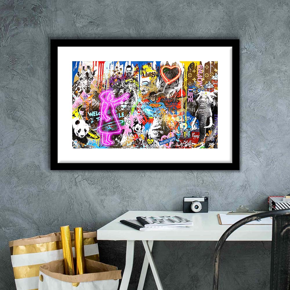 Girl With Balloon Graffiti Art Print, Framed Art Print Wall Decor, White Border, Framed Picture